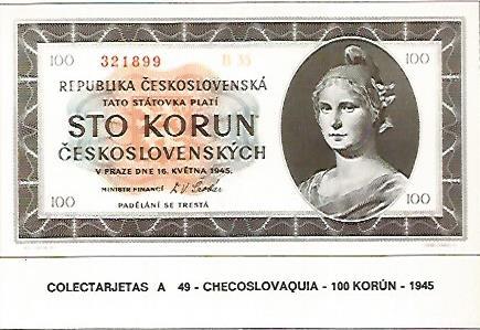 POSTAL 18216: 100 korun de Checoslovaquia 1945