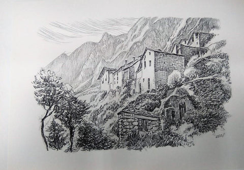 Laminas Carlos Freixas: Paisajes II 08- PUEBLO DE ALTA MONTAÑA (Serie estudios 24)