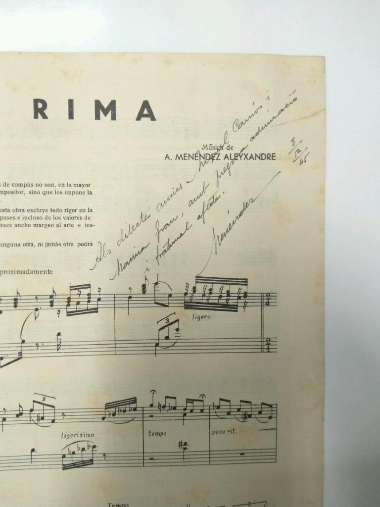 Libreto Partituras: ARTUR MENENDEZ ALEYXANDRE (AUTOGRAFO) - RIMA de Ruben Dario (Canto y Piano) 