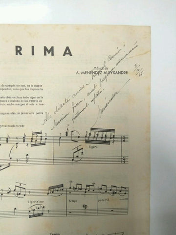 Libreto Partituras: ARTUR MENENDEZ ALEYXANDRE (AUTOGRAFO) - RIMA de Ruben Dario (Canto y Piano) 