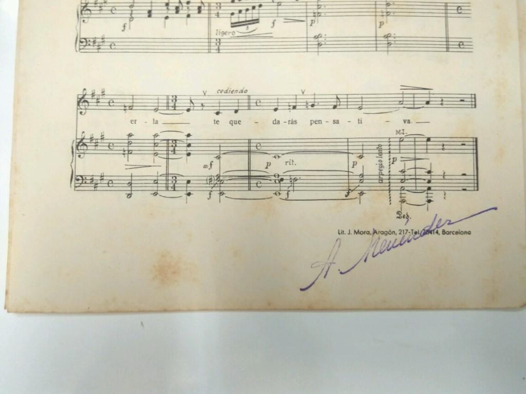 Libreto Partituras: ARTUR MENENDEZ ALEYXANDRE (AUTOGRAFO) - RIMA de Ruben Dario (Canto y Piano) 