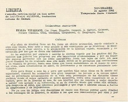 LAMINA 2520: Reparto y criticas de Liberta. Novedades 21 agosto 1901