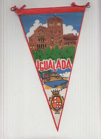 Banderin: IGUALADA, Barcelona - Ilustracion del Asilo del Sant Crist, Piscina Municipal y escudo de la localidad.