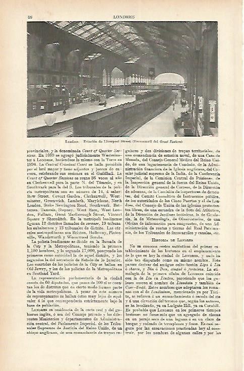 LAMINA ESPASA 1883: Estacion de Liverpool Street Londres