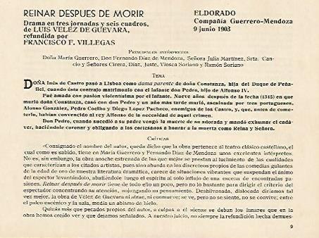 LAMINA 2966: Reparto argumento y criticas de Reinar despues de morir. El Dorado 9 junio 1903
