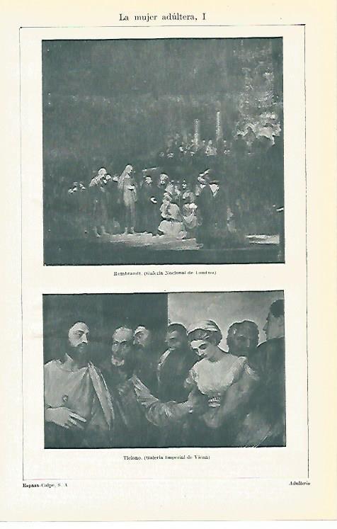 LAMINA ESPASA 8119: La mujer adultera por Rembrandt y Tiziano