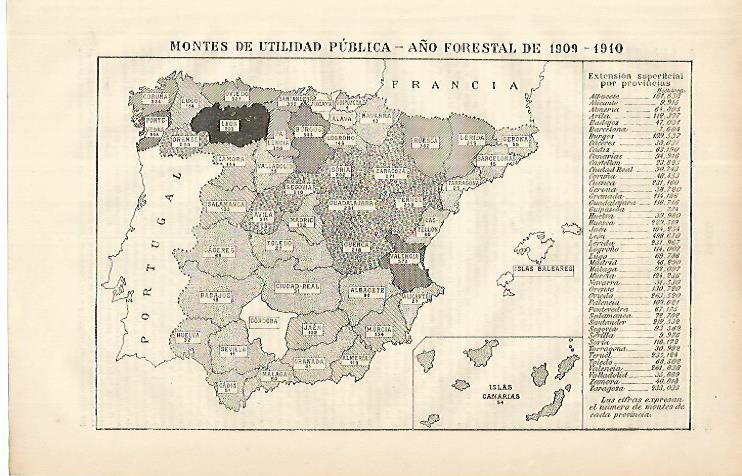 LAMINA ESPASA 8611: Mapa de España del año forestal de 1909-1910