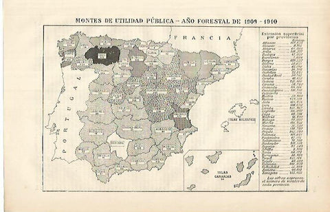 LAMINA ESPASA 8611: Mapa de España del año forestal de 1909-1910