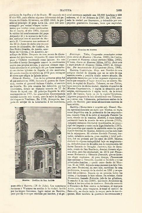 LAMINA ESPASA 18672:Monedas y Basilica de San Andres en Mantua