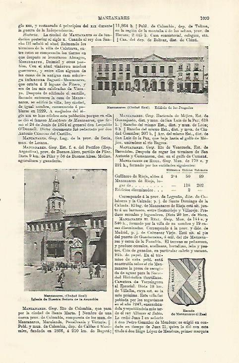 LAMINA ESPASA 18682: Juzgados iglesia y escudo de Manzanares Ciudad Real