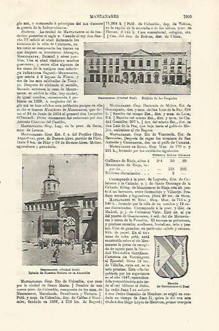 LAMINA ESPASA 18682: Juzgados iglesia y escudo de Manzanares Ciudad Real