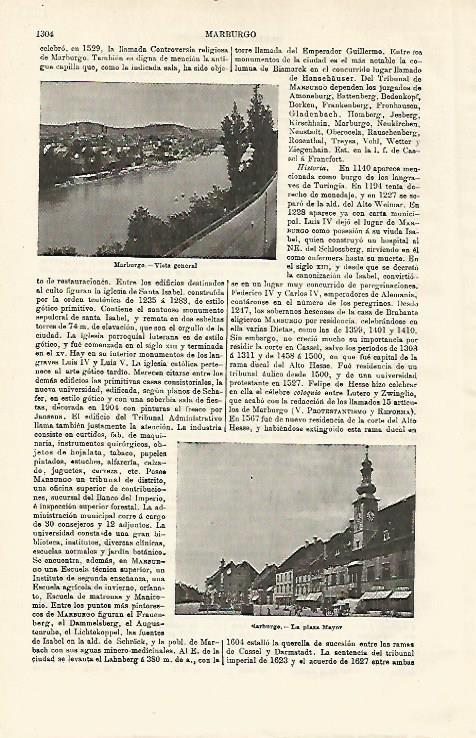 LAMINA ESPASA 18732: Vista y Plaza Mayor de Marburg Alemania