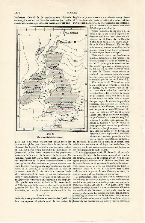LAMINA ESPASA 18750: Carta cotidal de Inglaterra