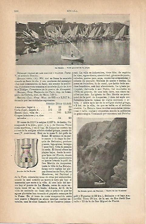 LAMINA ESPASA 18843: Playa escudo y cueva de las Cambras en La Escala Girona