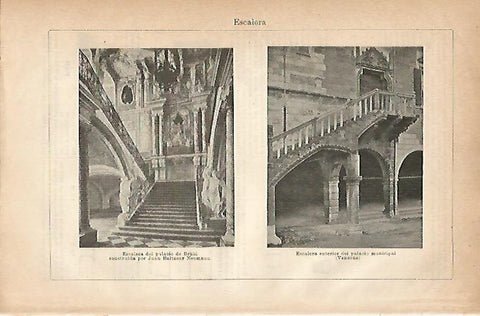 LAMINA ESPASA 18852: Escalera del Palacio de Bruhl y del Palacio Venzone