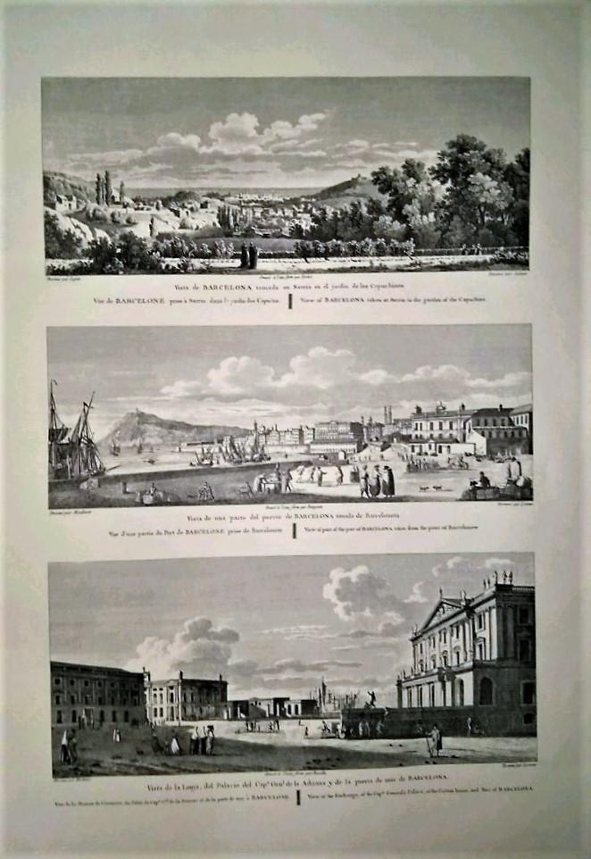 Lamina CATALOGNE, Numero 05: 3 Vistas de Barcelona desde Sarria, Puerto en la Barceloneta y Lonja de Capitania General (Abadia de Montserrat 1973)