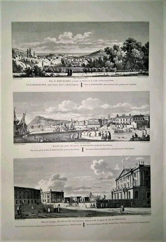 Lamina CATALOGNE, Numero 05: 3 Vistas de Barcelona desde Sarria, Puerto en la Barceloneta y Lonja de Capitania General (Abadia de Montserrat 1973)
