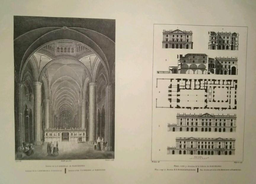 Lamina CATALOGNE, Numero 06: Interior de la Catedral de Barcelona y Plano, Corte y Elevacion de la Lonja de Barcelona (Abadia de Montserrat 1973)