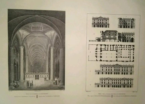 Lamina CATALOGNE, Numero 06: Interior de la Catedral de Barcelona y Plano, Corte y Elevacion de la Lonja de Barcelona (Abadia de Montserrat 1973)