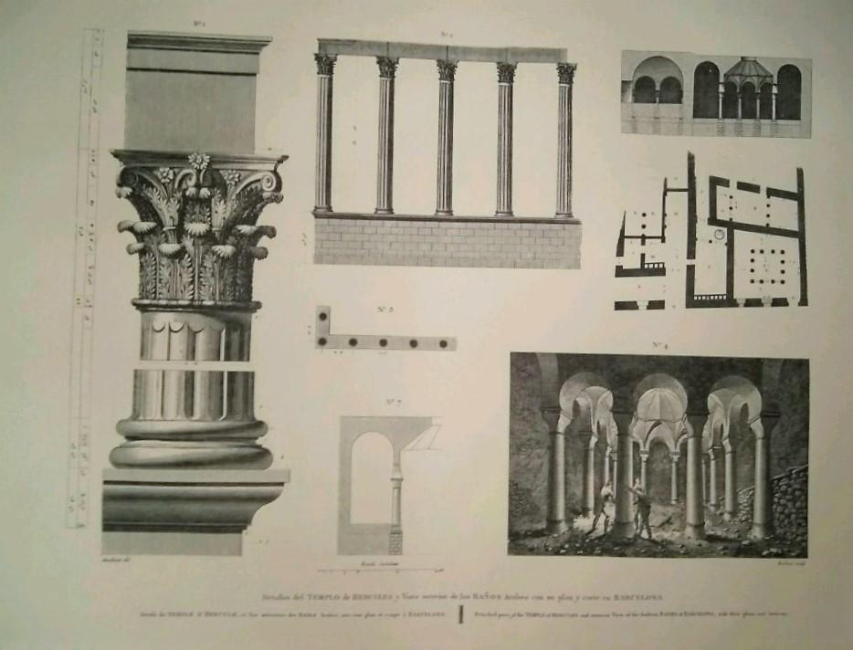 Lamina CATALOGNE, Numero 09: Detalles del Templo de Hercules e Interior BAÑOS ARABES de Barcelona 1813