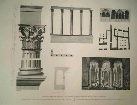 Lamina CATALOGNE, Numero 09: Detalles del Templo de Hercules e Interior BAÑOS ARABES de Barcelona 1813