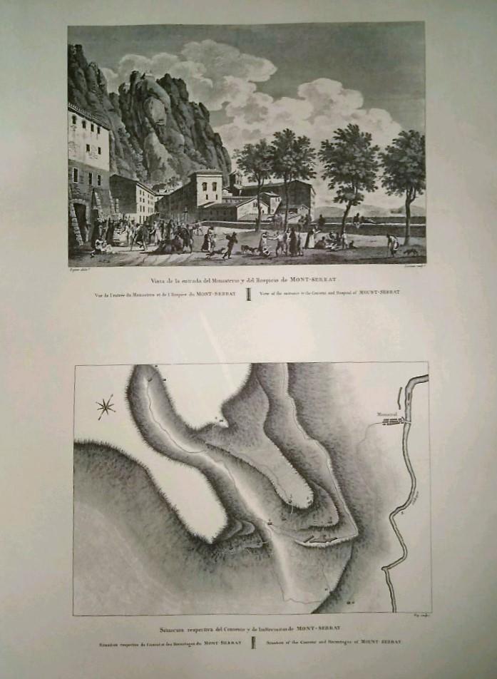 Lamina CATALOGNE, Numero 18: Vista de Entrada al Monasterio y Hospicio de Montserrat y plano de situacion de las ermitas y convento (1813)