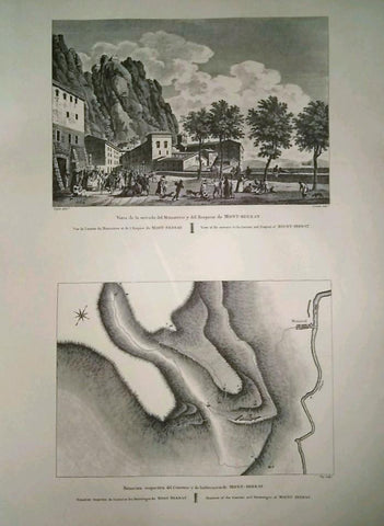 Lamina CATALOGNE, Numero 18: Vista de Entrada al Monasterio y Hospicio de Montserrat y plano de situacion de las ermitas y convento (1813)