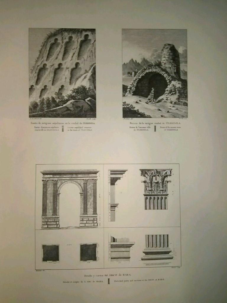 Lamina CATALOGNE, Numero 32: Sepulturas Oledola, Ruinas Olerdola y Detalles y cortes del Arco de Bara (1813)