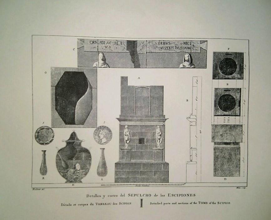 Lamina CATALOGNE, Numero 34: Detalles y cortes del Sepulcro de los Escipiones (1813)