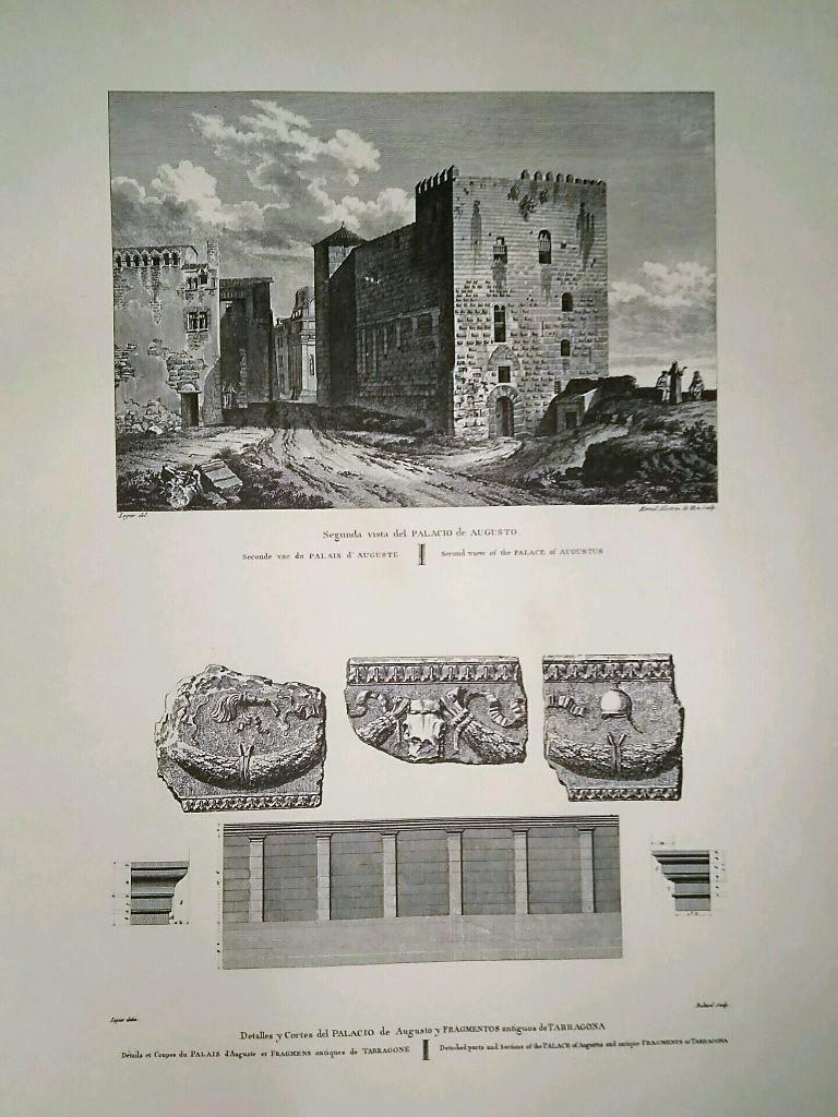 Lamina CATALOGNE, Numero 40: Vista Palacio de Augusto de Tarragona y detalles y cortes  (1813)