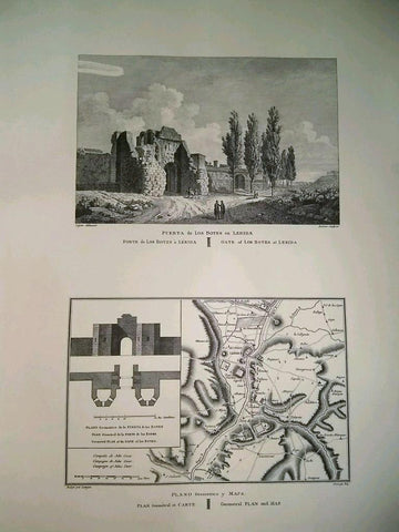 Lamina CATALOGNE, Numero 57: Puerta de los Botes de Lleida, plano geometrico y mapa (1813)