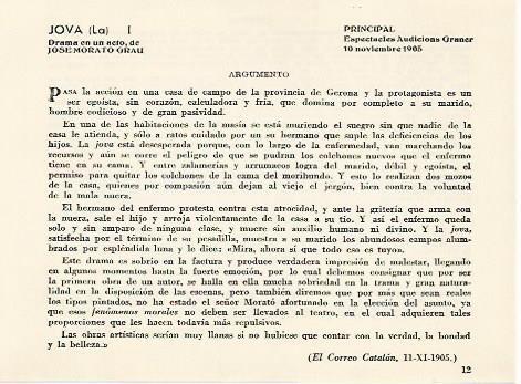 LAMINA 2698: Argumento de La Jova. Principal 10 noviembre 1905