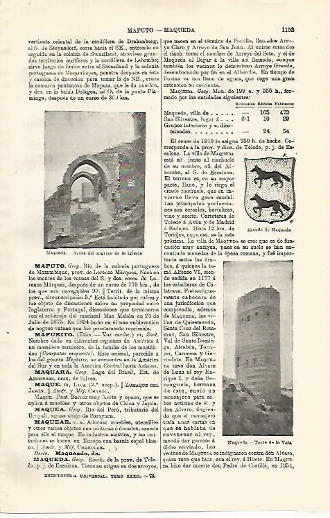 LAMINA ESPASA 18709: Escudo arcos y Torre de Maqueda