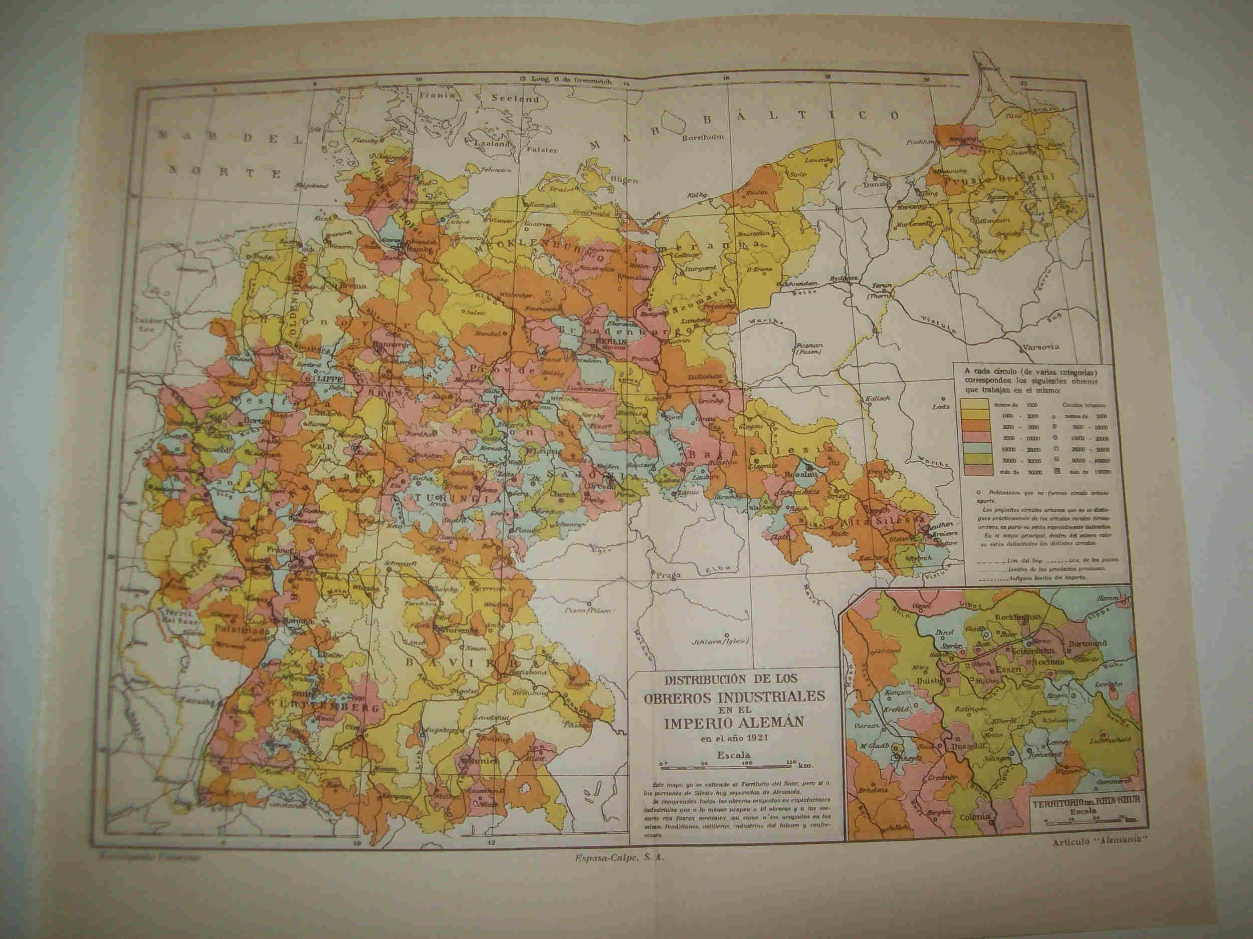 LAMINA ESPASA 19030: Mapa de la distribucion de los obreros industriales en el Imperio Aleman