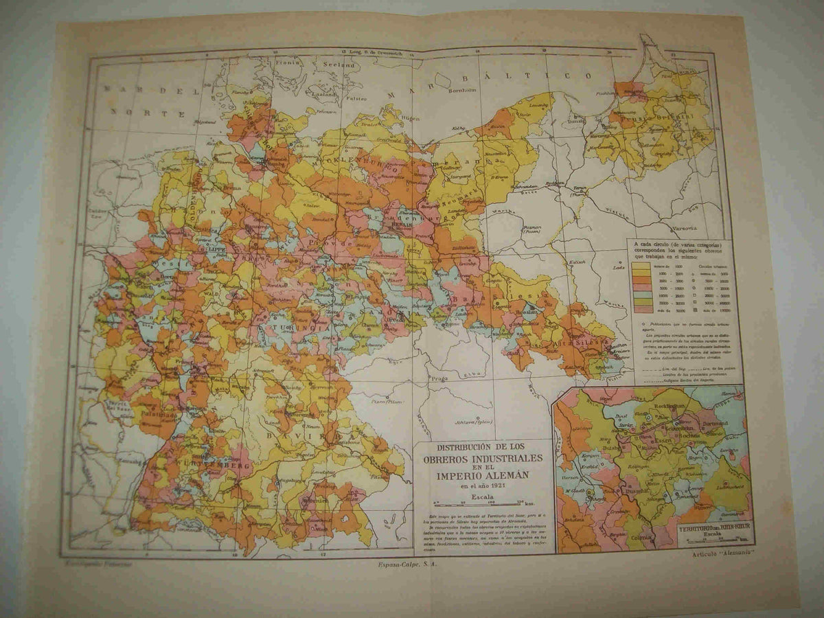 LAMINA ESPASA 19030: Mapa de la distribucion de los obreros industriales en el Imperio Aleman