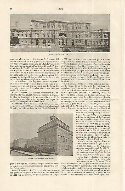 LAMINA ESPASA 19172: Palacio de Justicia y Ministerio de Hacienda en Roma