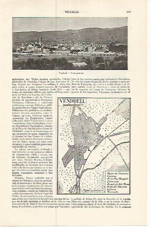 LAMINA ESPASA 17446: Vista y plano del Vendrell Tarragona