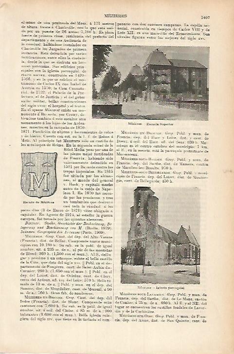 LAMINA ESPASA 17914: Escuela Superior escudo e iglesia de Mezieres Francia