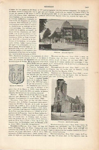 LAMINA ESPASA 17914: Escuela Superior escudo e iglesia de Mezieres Francia