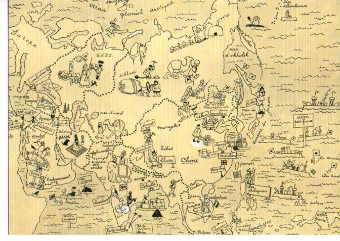 Postal Tintin : Carte du voyage de Tintin en Asie 1932