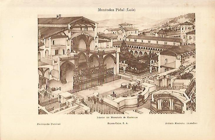 LAMINA ESPASA 4911: Interior del Monasterio de Guadalupe por L. Menendez Pidal