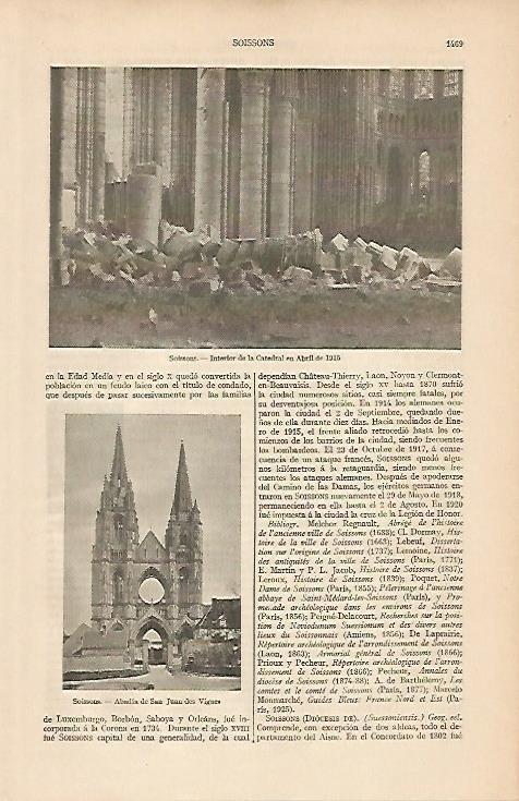 LAMINA ESPASA 2687: Interior de la Catedral de Soissons Francia.  1915