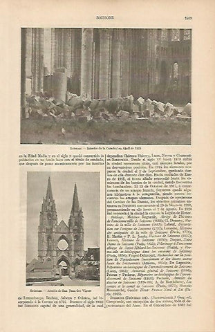 LAMINA ESPASA 2687: Interior de la Catedral de Soissons Francia.  1915