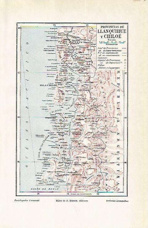 LAMINA ESPASA 1756: Mapa de las provincias de Llanquihue y Chiloe Chile