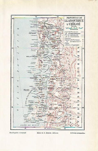 LAMINA ESPASA 1756: Mapa de las provincias de Llanquihue y Chiloe Chile