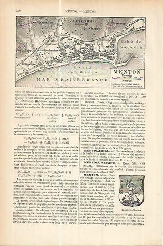 LAMINA ESPASA 17801: Plano y escudo de Menton Francia