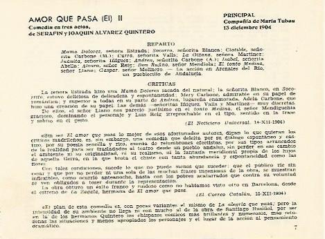 LAMINA 2759: Reparto y Criticas de El Amor que pasa. Principal 13 diciembre 1904