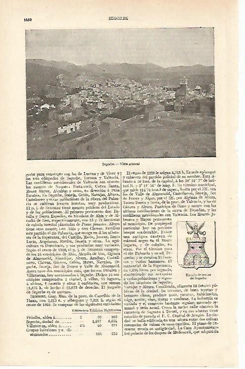 LAMINA ESPASA 12509: Vista y escudo de Segorbe Castellon
