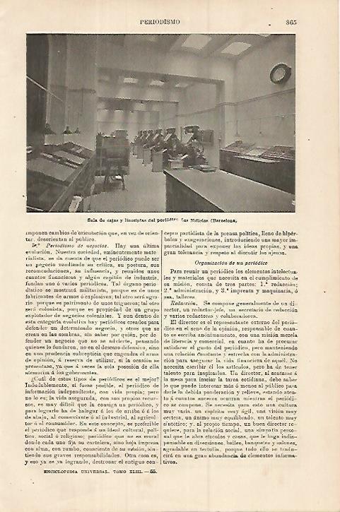 LAMINA ESPASA 18010: Sala de cajas del diario Las Noticias en Barcelona