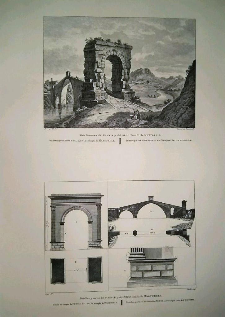 Lamina CATALOGNE, Numero 15: Vista del Puente y Arco Martorell con detalles y cortes del mismo (1813)